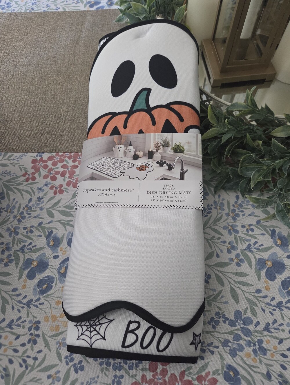 cupcakes & cashmere Halloween Ghost Pumpkin White Black Dish Drying Mat Set